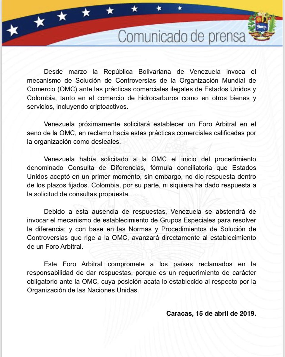 Venezuela Denuncia Ante La OMC Las Prácticas Comerciales Ilegales De EEUU Y Colombia