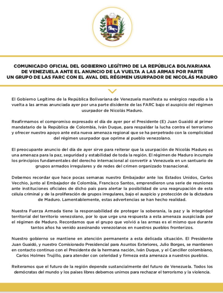 Comunicado Oficial Del Gobierno Legítimo De Venezuela Ante Anuncio De Vuelta De Las Armas Por Parte De Un Grupo De Las FARC