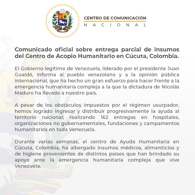 Comunicado Oficial Sobre Entrega Parcial De Insumos Del Centro De Acopio Humanitario En Cúcuta, Colombia